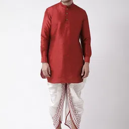 DEYANN Men Red Dupion Silk Kurta with Dhoti Pants-picture-14