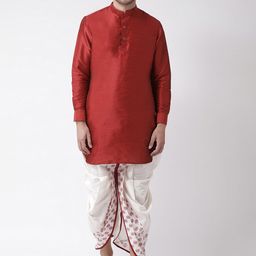 DEYANN Men Red & White Dupion Silk Kurta with Dhoti Pants-image-51