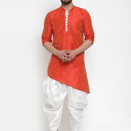 Kaifoo Men Orange Dupion Silk Kurta with Dhoti Pants-picture-4