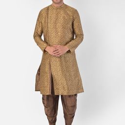 DEYANN Men Brown Floral Angrakha Dupion Silk A-line Kurta with Dhoti Pants-picture-25