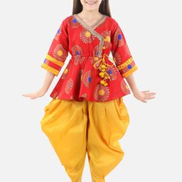 BownBee Girls Red Ethnic Motifs Printed Angrakha Kurti with Dhoti Pants-image-18