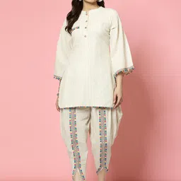 Clora Creation Cotton Striped Regular Kantha Work Straight Kurti With Dhoti Pants-image-2