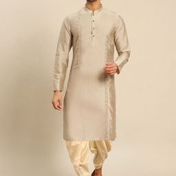 KISAH Men Beige Solid  Cotton Blend Sequinned & Thread Work Kurta with Dhoti Pants Set-picture-9