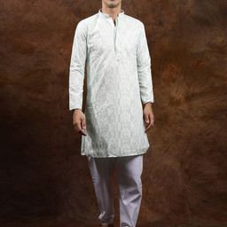 Exotic India Ethnic Motifs Embroidered Chikankari Pure Cotton Kurta With Pyjama-image-57