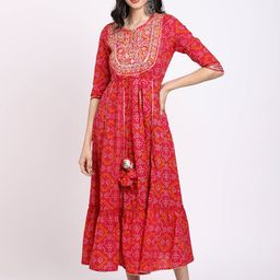 Rajnandini Pink & Red Bandhani Printed Thread Work Pure Cotton Thread Work Anarkali Kurti-17