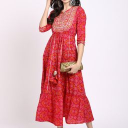 Rajnandini Pink & Red Bandhani Printed Thread Work Pure Cotton Thread Work Anarkali Kurti image 4