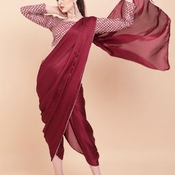Sangria Maroon & White Sequinned Satin Dhoti Saree-image-38