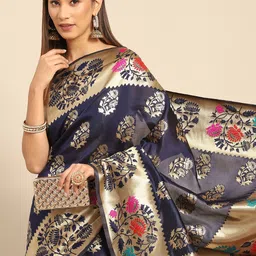 Anouk Navy Blue & Gold-Toned Ethnic Motifs Silk Blend Banarasi Saree-picture-6