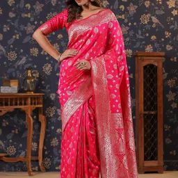 House of Pataudi Ethnic Motifs Woven Design Silk Blend Banarasi Sarees-image-12