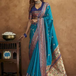 Mitera Blue & Red Woven Design Zari Silk Blend Paithani Saree-image-17