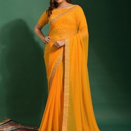 Anouk Yellow & White Printed Sequinned Pure Georgette Bandhani Saree-image-47
