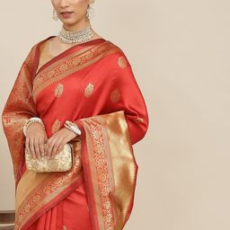 Ishin Rust Orange & Golden Ethnic Motifs Zari Banarasi Saree-image-14