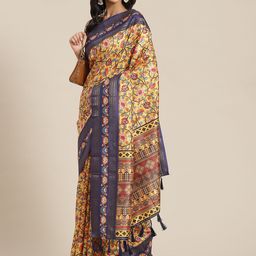 Silk Land Yellow & Navy Blue Ethnic Motifs Zari Art Silk Banarasi Saree-image-57