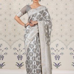 Ode by House of Pataudi Grey Leheriya Zari Pure Linen Banarasi Saree-image-63
