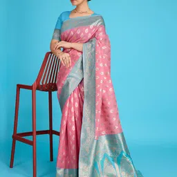 NIWAA Ethnic Motif Zari Woven Pure Linen Banarasi Saree-picture-46