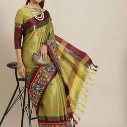 RAJGRANTH Olive Green & Brown Embroidered Silk Cotton Banarasi Saree-image-86