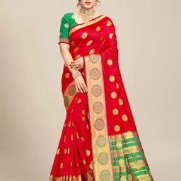 MS RETAIL Red & Green Ethnic Motifs Art Silk Banarasi Saree-image-7
