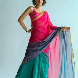 Suta Pink & Green Colourblocked Zari Saree-50