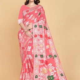 BESUCHER Pink & Silver-Toned Woven Design Silk Cotton Jamdani Saree-image-75