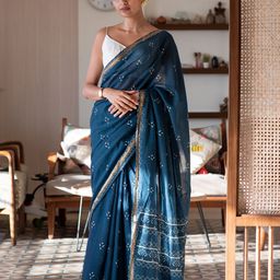 Suta Blue & White Ethnic Motifs Printed Zari Saree-image-78