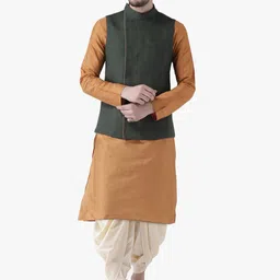 KISAH Mandarin Collar Long Sleeves Regular Kurta & Dhoti Pants with Nehru Jacket-image-4