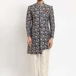 KLOTTHE Men Navy Blue & Grey Printed Sherwani Set-picture-39