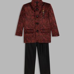 Blue Giraffe Boys Burgundy & Black Printed Sherwani Set-43