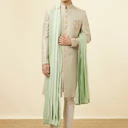 Manyavar Mandarin Collar Woven Design Sherwani Set-image-35