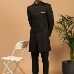 VASTRAMAY Men Black Slim-Fit Textured Sherwani Set-26