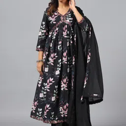 Amchoor Floral Printed Thread Work Empire Kurta With Trouser & Dupatta-5