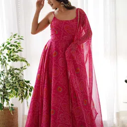 Fusionic Bandhani Printed Silk Anarkali Kurta With trouser & Dupatta-56