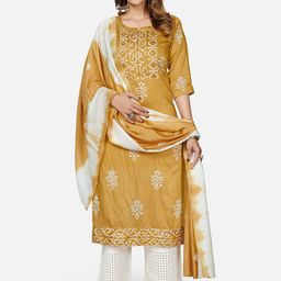 KALINI Women Batik Printed Mirror Work Chanderi Silk Kurta with Trousers & With Dupatta-image-74