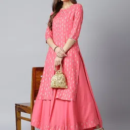 Khushal K Women Pink & White Printed Kurta with Solid Flared Maxi Skirt-picture-50