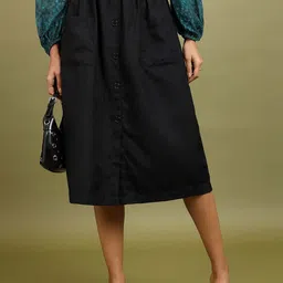 Tokyo Talkies Black Midi A-Line Skirt-image-56