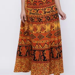 SOUNDARYA Women Yellow & Orange Printed Pure Cotton Wrap Maxi Skirt-picture-0