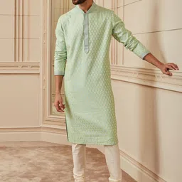 Tasva Men Green Embroidered Zari Jacquard Top Stitch Collar Kurta with Churidar & Dupatta-image-74