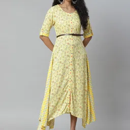 Rangriti Yellow & Blue Suzani Ikat Print Liva Asymmetric Maxi Dress With Belt-image-42
