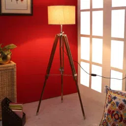pristine interiors White Cotton Shade Tripod Floor Lamp With Sheesham Wood Base-picture-16
