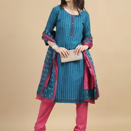MIRAAN Striped Printed Regular Pure Cotton Kurta with Patiala & Dupatta image 1