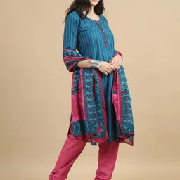 MIRAAN Striped Printed Regular Pure Cotton Kurta with Patiala & Dupatta image 4