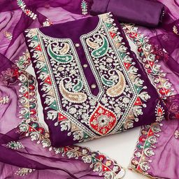 KALINI Ethnic Motifs Embroidered Thread Work Detailed Organza Unstitched Dress Material-image-45