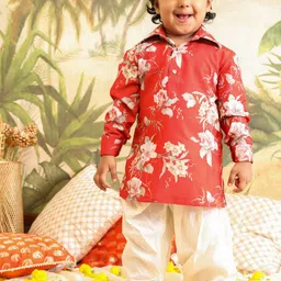 VASTRAMAY Boys Floral Printed Shirt Collar Regular Kurta with Patiala-28