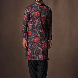 KISAH Men Black Floral Printed Mandarin Collar Regular Kurta With Patiala Set-36