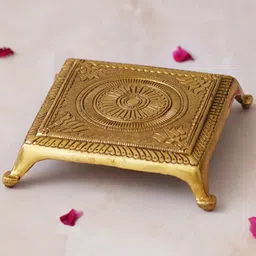 eCraftIndia Beige Lotus Flowers Engraved Pooja Chowki-image-27