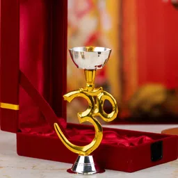 TYOOHAR Yellow & White Brass Om Diya Oil Lamp Diya-13