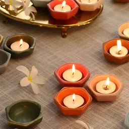 MIAH Decor White & Green 12 Pieces Hexagonal Dishwasher Safe Ceramic Diyas-17