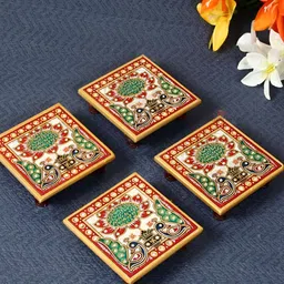 HANDICRAFTS PARADISE White & Green 2 Pieces Lotus Design Marble Pooja Chowkies-image-73