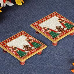HANDICRAFTS PARADISE White & Red 2 Pieces Kalash Designed Marble Square Pooja Chowkis-31