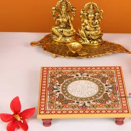 HANDICRAFTS PARADISE White & Red Butterfly Designed Marble Square Pooja Chowki-image-80