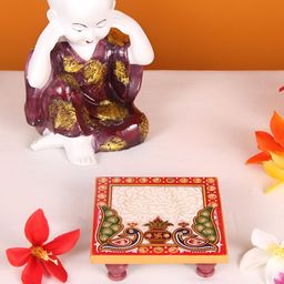 HANDICRAFTS PARADISE White & Green 4 Pieces Peacock Designed Square Pooja Chowkies-20